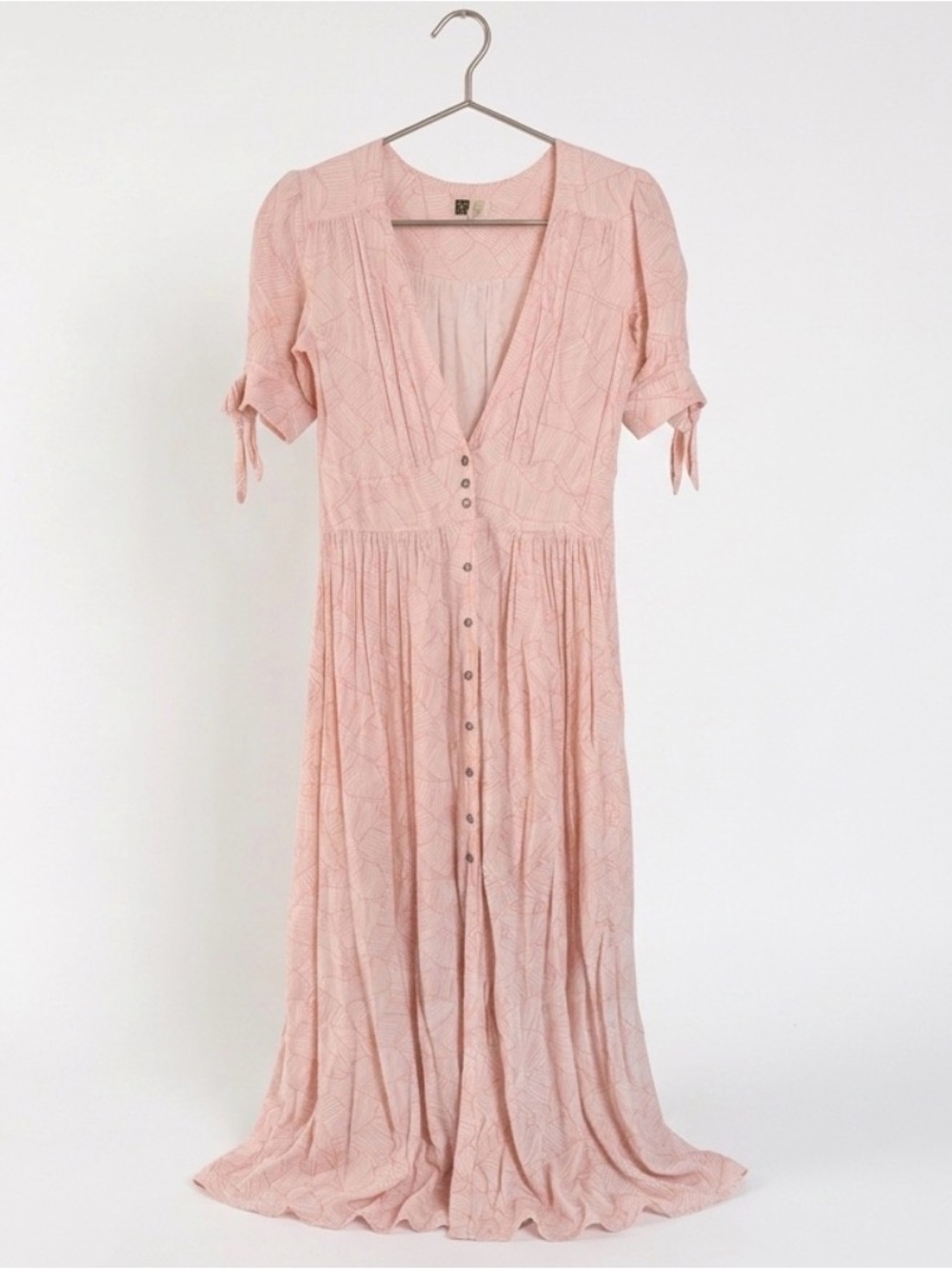 Lira Pink White Leaf Print Button Front Boho Maxi Dress XS